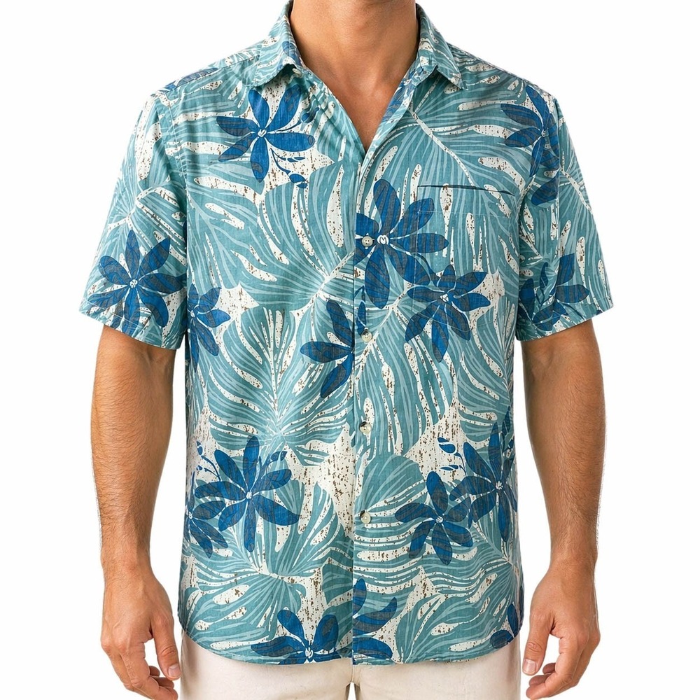 Go Barefoot Hawaiian Shirt Medium Floral Abstract Reverse Print Green Blue